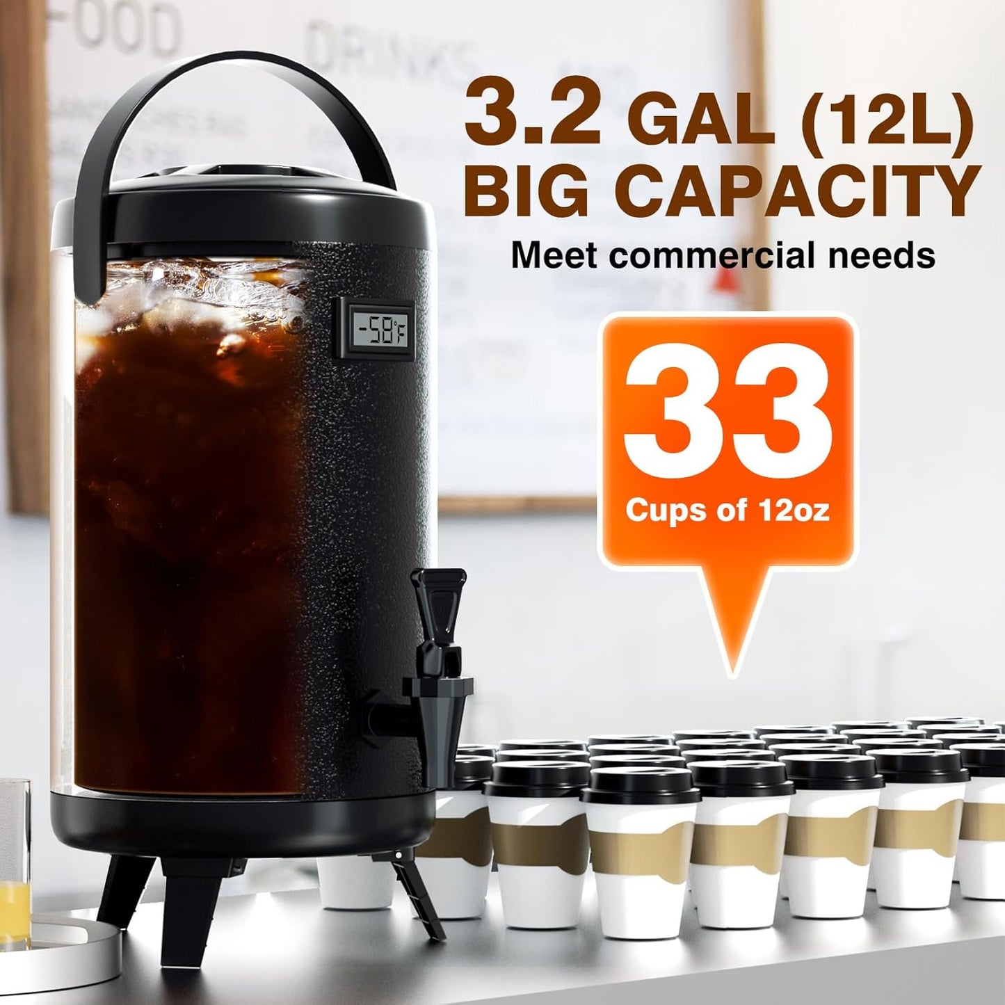 WantJoin 2-pack Insulated Beverage Dispenser-Thermal Hot and Cold Beverage Dispenser Tea Dispenser Stainless Steel 12L/3.2Gal Hot Drink Dispenser with Spigot for Hot Tea&Coffee,Cold Milk,Juice Black