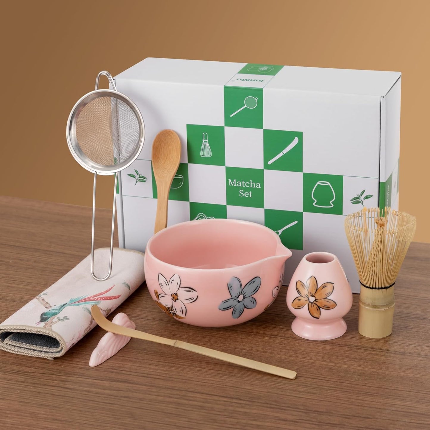 Matcha Whisk Set Pink,8pcs Matcha Set Whisk And Bowl,Matcha Kit With Bamboo Whisks,Ceramic Matcha Bowl,Sifter,Scoop,Holder,Towel,Stand,Spoon,Unique Gift for Japanese Tea Lover