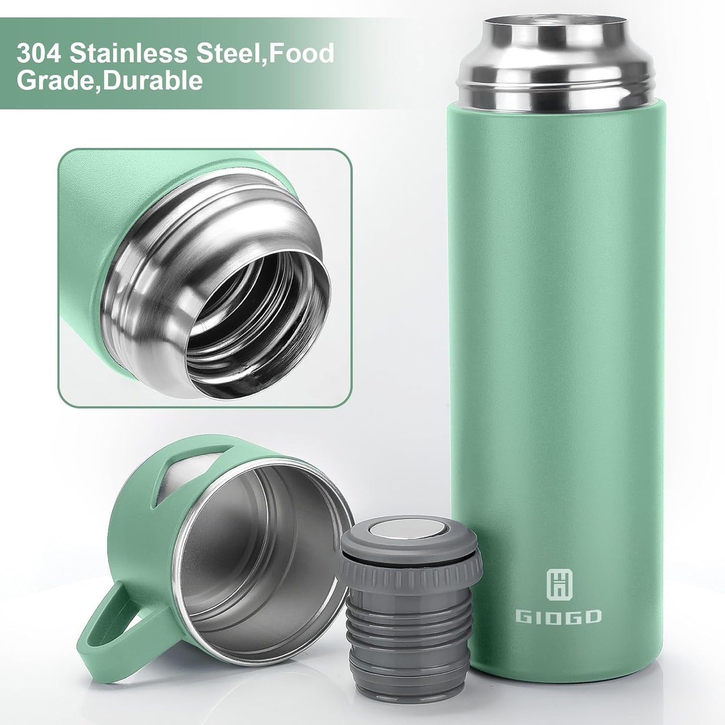 Stainless Steel Thermo 700ml/23.7oz Vacuum Insulated Bottle with Cup for Coffee Hot drink and Cold drink water flask.(Green,Set)