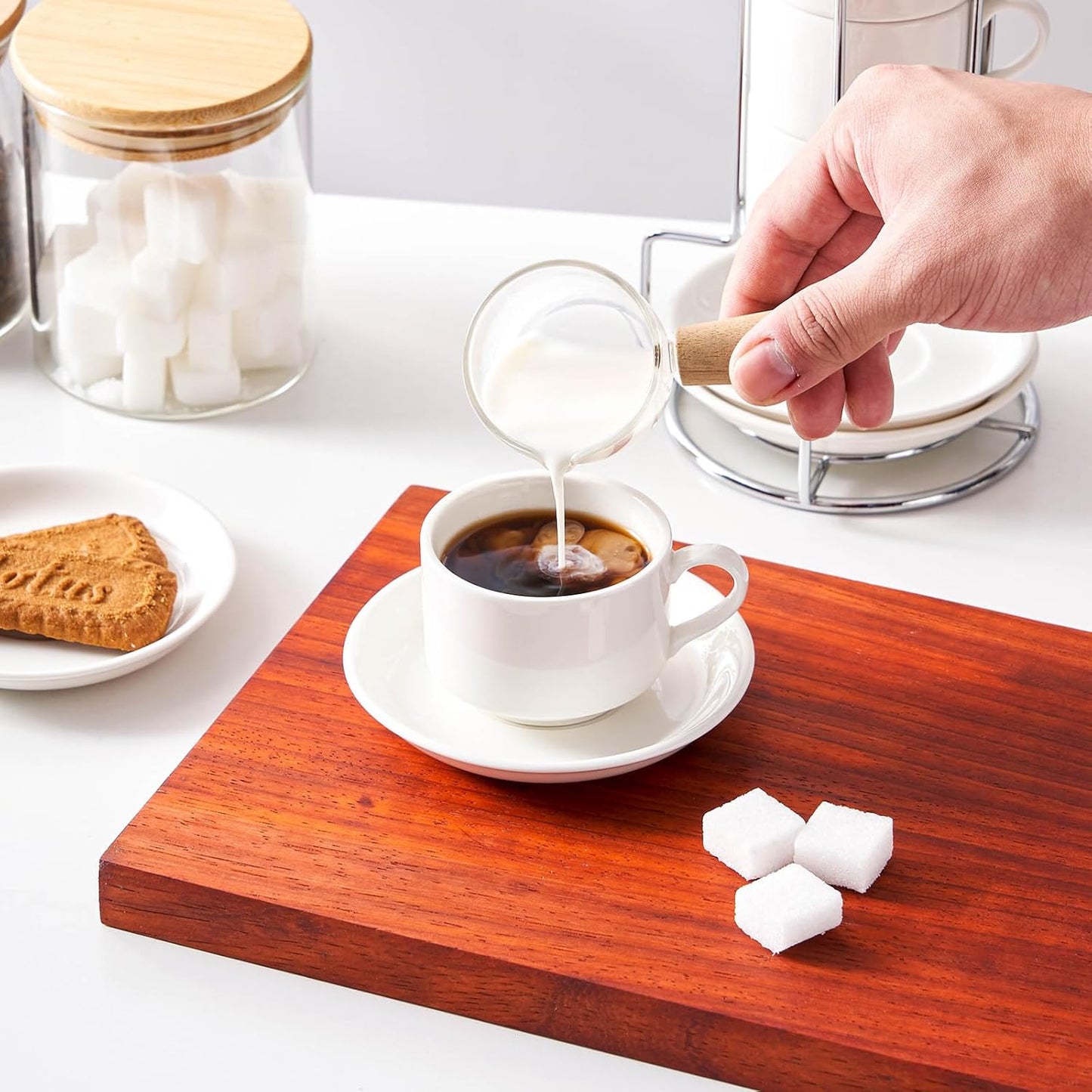 2.5 Ounce Porcelain Espresso Cups with Saucers and Silver Stand, White Stackable Cups Set of 4