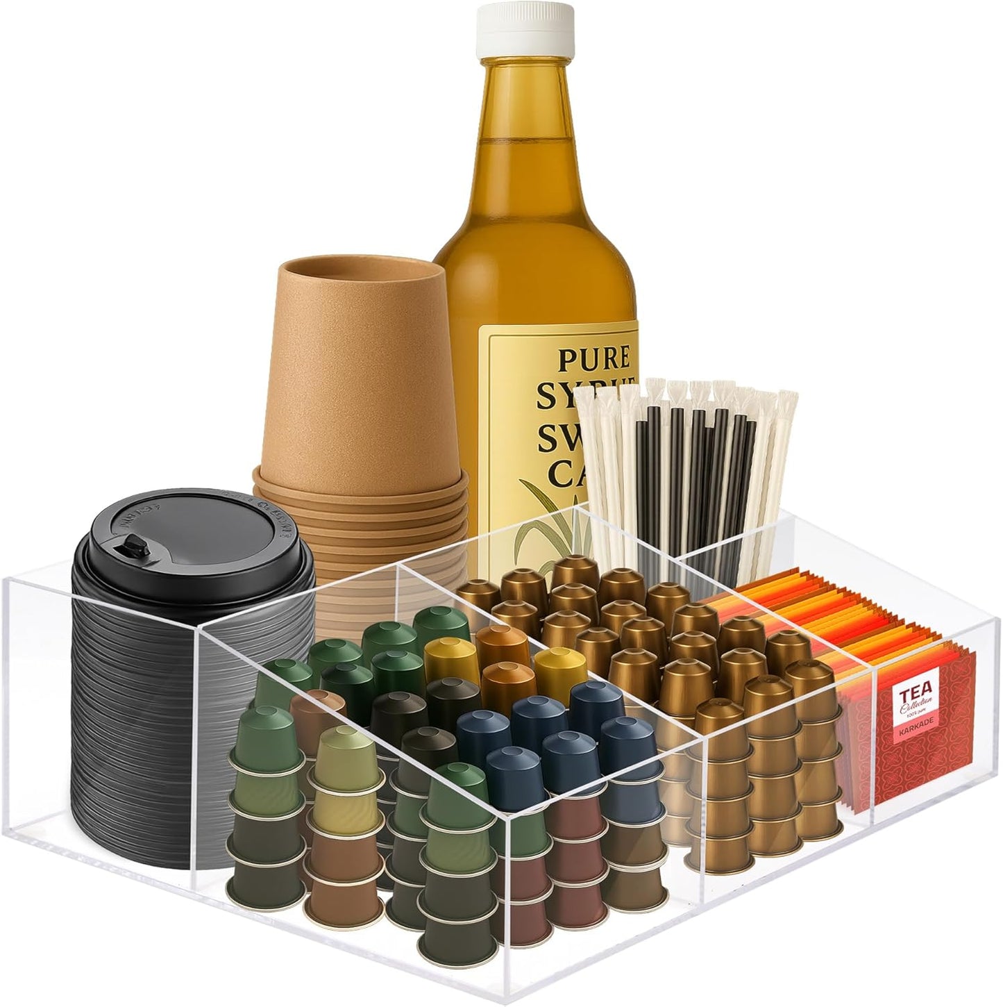 Acrylic Coffee Bar Station – Snack Tea Organizer & Storage Holder for Office Coffee Table – Perfect Countertop Setup for Syrup, Creamer, and Snack Accessories