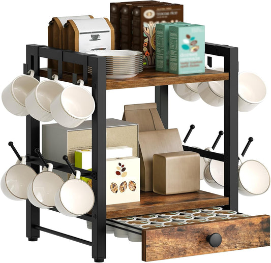 3-Tier Coffee Mug Holder with 12 Hooks, Coffee Bar Organizer, 25 Pods Capacity, Versatile Desktop Storage Rack, Space-Saving, for Kitchen, Living Room, Rustic Brown and Black MH01BR