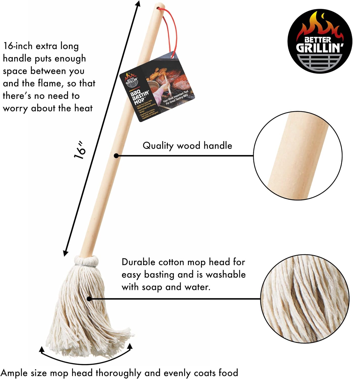 Better Grillin BBQ Bastin Mop Basting Barbecue Brush/Mop Easily Applies Marinades, Sauces, Washes Out, 16in Handle, 2pk