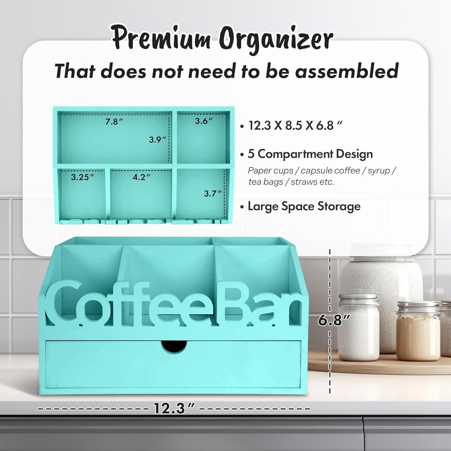 Coffee Bar Organizer for Countertop – Wooden Coffee Station with Black Drawer, Tea and K Cup Storage Rack, Coffee Pod Holder for Home and Office Counter Organization (Drawer - Turquoise)