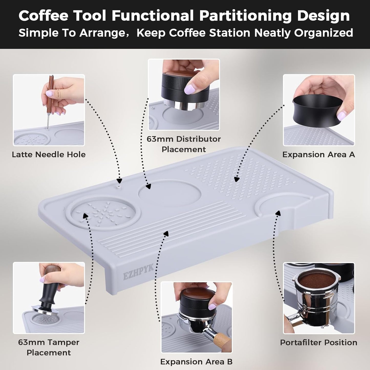 Food Grade Silicone Espresso Tamping Mat for Counter – Multi-Slot Coffee Tamper Mat for Barista Espresso Machine Accessories – Waterproof Neat Tamp Station Coffee Bar Mat for Countertop Gray