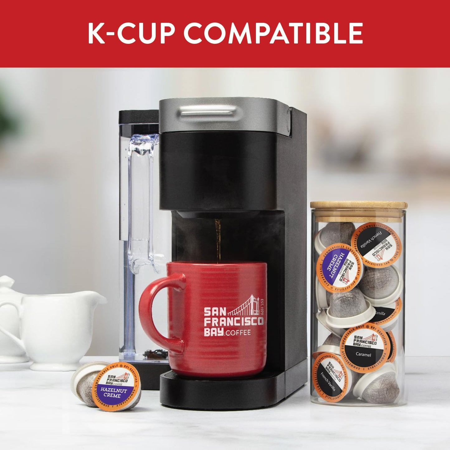 San Francisco Bay Compostable Coffee Pods - Variety Pack Flavored (40 Ct) K Cup Compatible including Keurig 2.0, Hazelnut, Cinnamon, Caramel, Vanilla Flavored Coffee