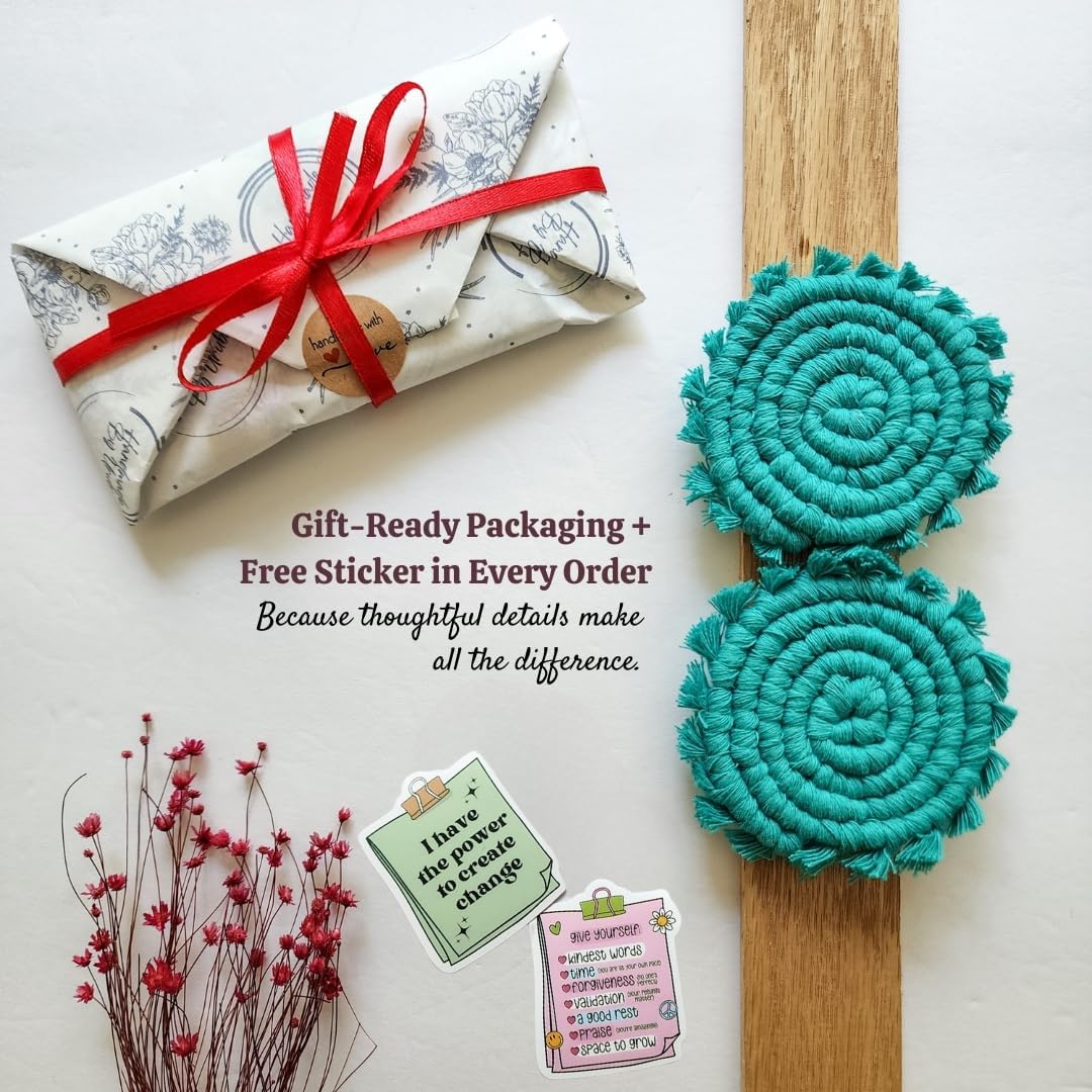 Cotton Car Coasters for Cup Holders, 2PC Car Cup Coasters, Drink Coaster Holder, Cute cupholder Coaster Accessories for Women, Macrame, Boho (Ocean Teal)