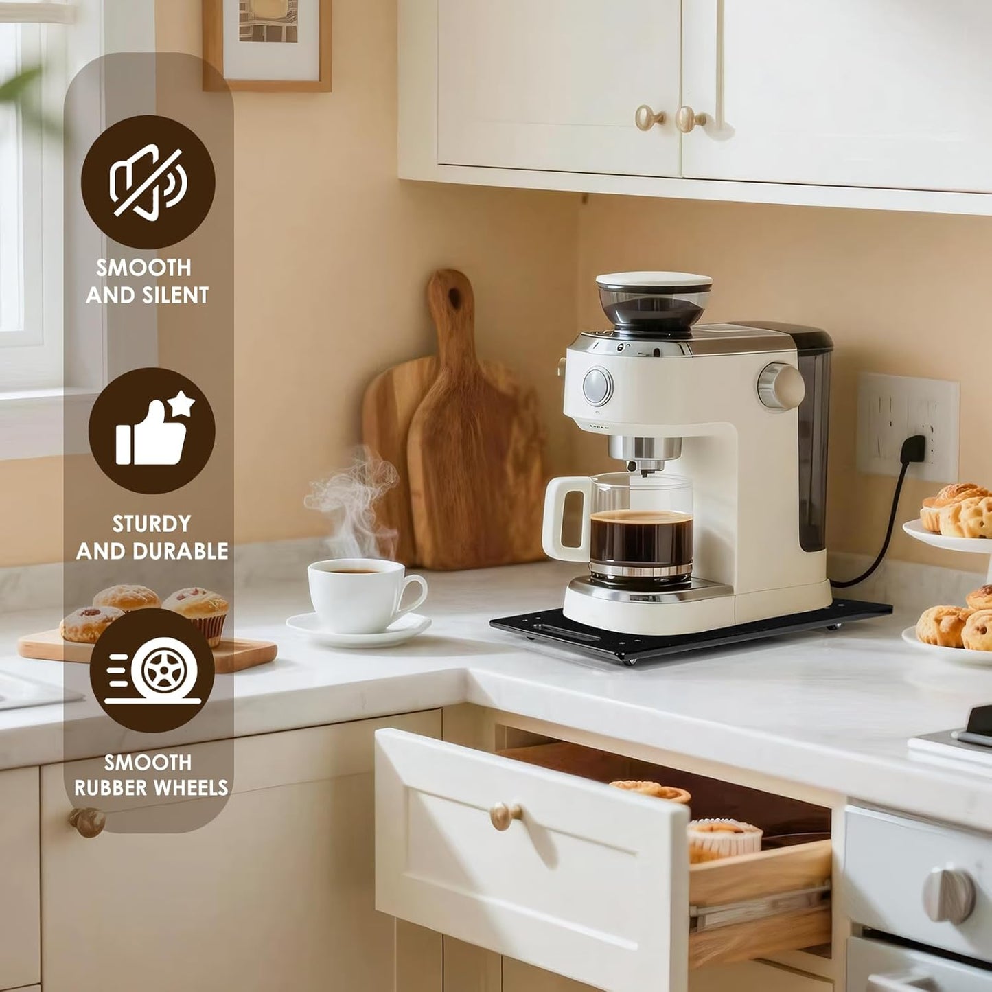 Appliance Sliders for Kitchen Appliances, Sliding Tray for Coffee Maker, Espresso Machines, Mixers Sturdy Kitchen Aid Sliders for Mixer - Duty Equipment with Rubber Wheels - 9.8" x 14" (Black)