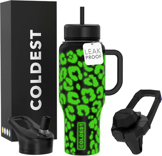 Coldest 40 oz Tumbler with Handle and Straw, 100% Leak Proof Insulated Tumbler with Lid and Straw (3 Lids), Stainless Steel Tumblers for Women & Men, Cup Holder Friendly, 36 oz (Glowie Leopard)