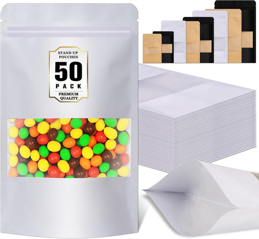 Jetmore-50pcs-Smell-Proof-Bag, Resealable Zip Lock Bags Various Sizes, Reusable Snack Bags, Stand Up Packing Bags with Window, Small Brown Paper Pouches for Candy, Nuts, Spice, Sample, Product
