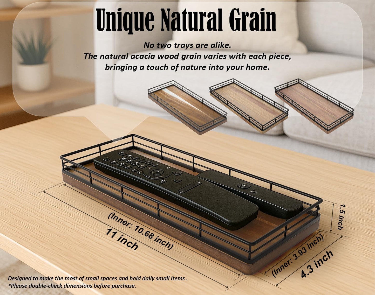 Acacia Wood Bathroom Vanity Tray, 11" L Small Countertop Tray for Dresser, Table, Kitchen Counter, Coffee Bar