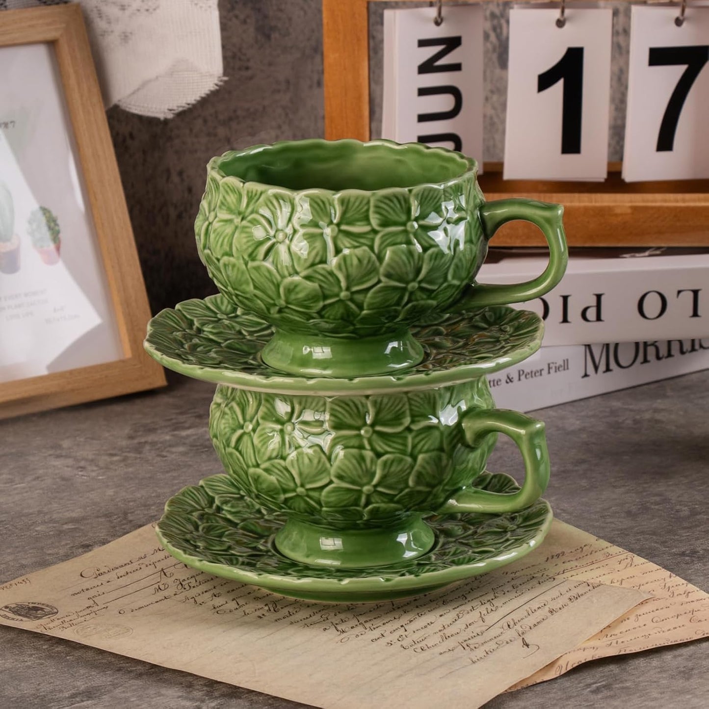 KAMMAK Tea Cups and Saucers Set of 2, Porcelain Coffee Cups, 8.5-Ounce Stackable Espresso Mugs, Ceramic Demitasse for Coffee, Latte, Americano, Tea, Green Flower