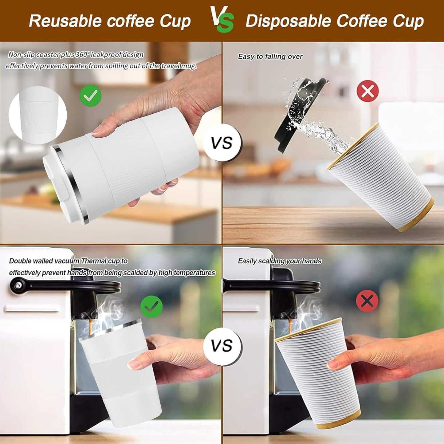 YINBAOGE Insulated Travel Coffee Mug Spill Proof Leak Proof Pobtable To Go Camping Stainless Steel Coffee Tumbler Reusable Coffee Cups with Lids Thermos for Hot and Cold Drink (White, 12 OZ)