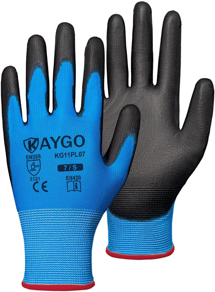 KAYGO Safety Work Gloves PU Coated-60 Pairs, KG11PB, Seamless Knit Glove with Polyurethane Coated Smooth Grip on Palm & Fingers, for Men and Women (Small, blue)