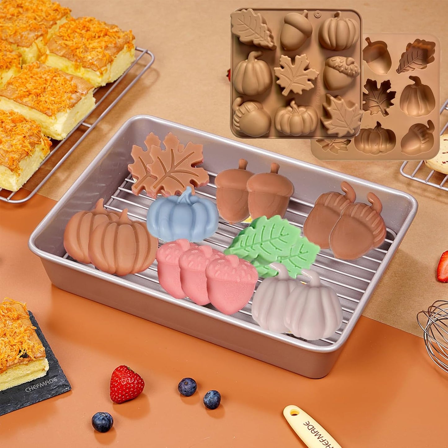 2Pcs Fall Silicone Molds Autumn Silicone Chocolate Molds, Thanksgiving Candy Mold, Fall Chocolate Molds, Leafs Acorns Pumpkins Shape for Thanksgiving Halloween Autumn Harvest, Nude Color