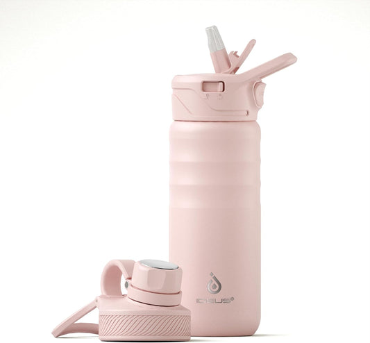 IDEUS Insulated Stainless Steel Water Bottle with 2 Leak-Proof Lids, Thermal Water Flask for Hiking Biking, 18oz, Light Pink