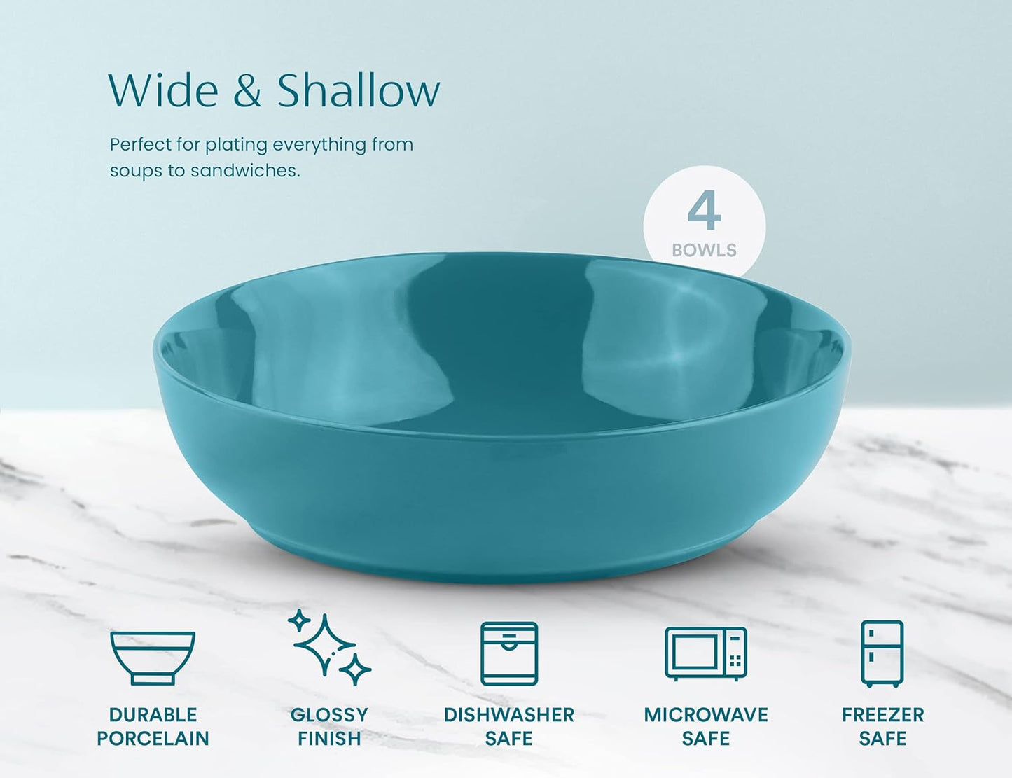 KooK Pasta Bowl, Salad Bowls, Soup, Serving Bowls, Ceramic, Large Capacity, Microwave & Dishwasher Safe, Set of 4, 40 Oz,(Ocean Blue)