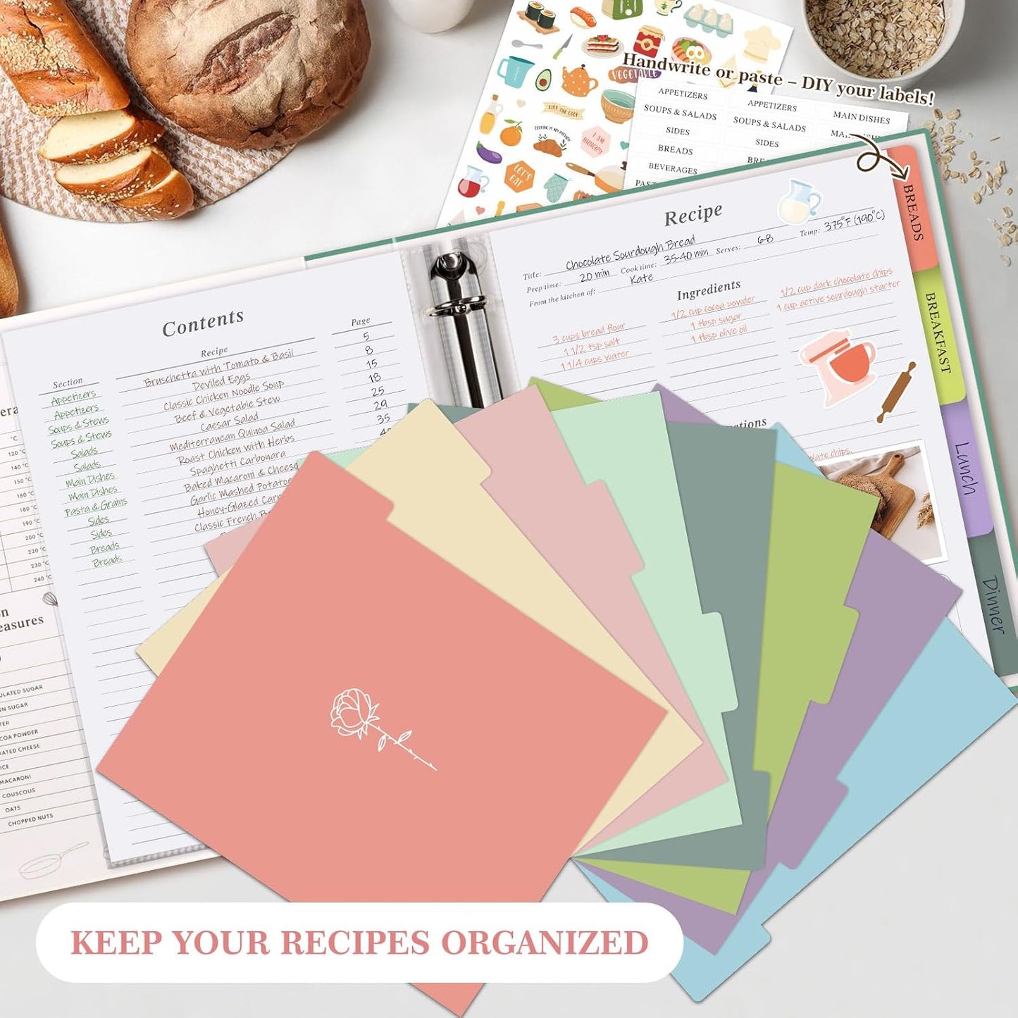 Lanpn Recipe Binder 8.5x11 3 Ring Kit, Blank Organizer Recipe Binder Waterproof Cookbook to Write in Your Own Recipes with 60 Plastic Sleeves,116 Recipes, Dividers,Labels & Stickers, Green