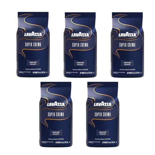 Lavazza Super Crema Whole Bean Coffee, Medium Espresso Roast, Arabica and Robusta Blend, 2.2 lb Bag (Pack of 5)