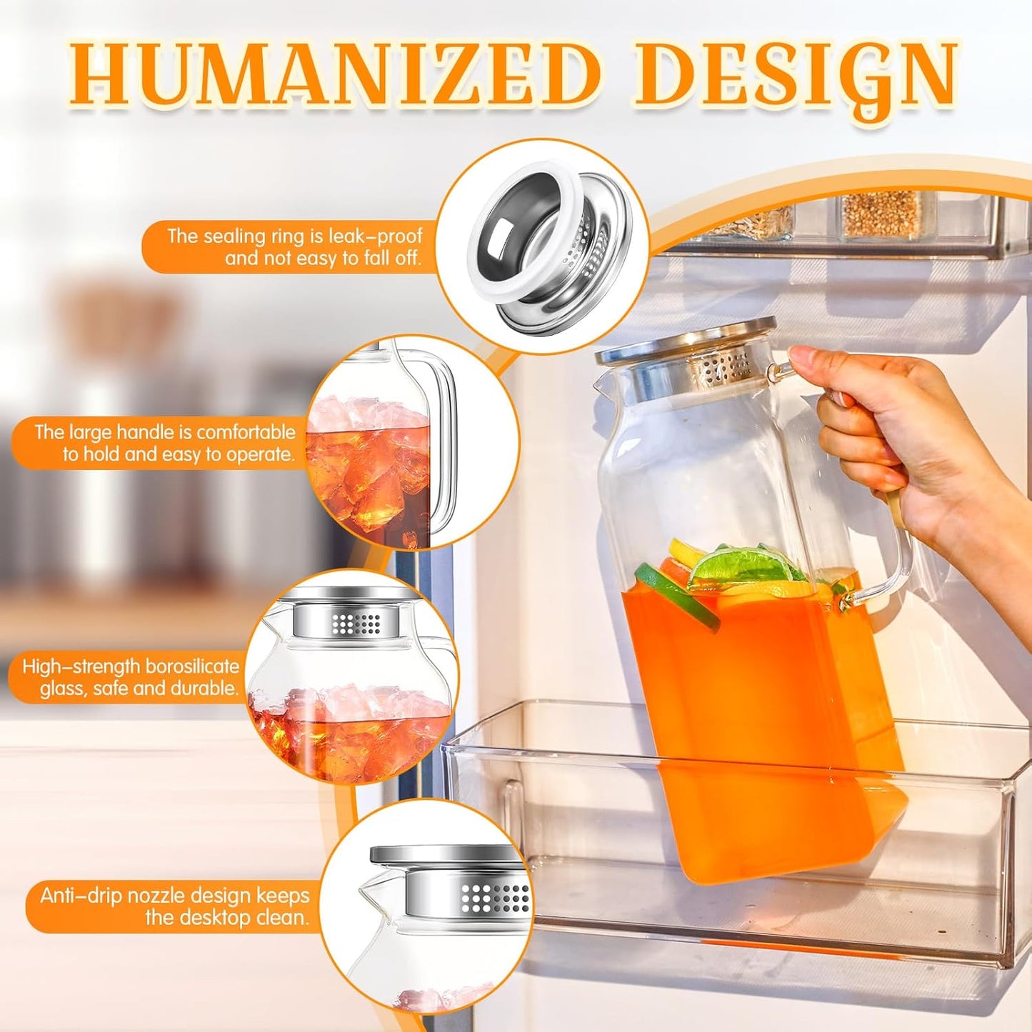 Nuogo 2 Pack 2 Liters/68 oz Square Glass Pitcher with Lid Spout Handle Water Pitcher Borosilicate Glass Carafe for Tea and Coffee Beverage Serveware Milk Water Juice Jug for Hot/Cold Drinks with Brush