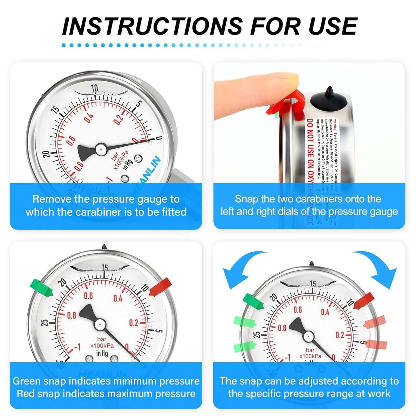 MEANLIN MEASURE -30inHG~0Psi Vacuum Pressure Gauge 316 Stainless Steel Joint 1/4" NPT 2.5" FACE DIAL, Stainless Steel Liquid Filled Pressure Gauge WOG Water Oil Air Lower Mount, 2PCS Snaps