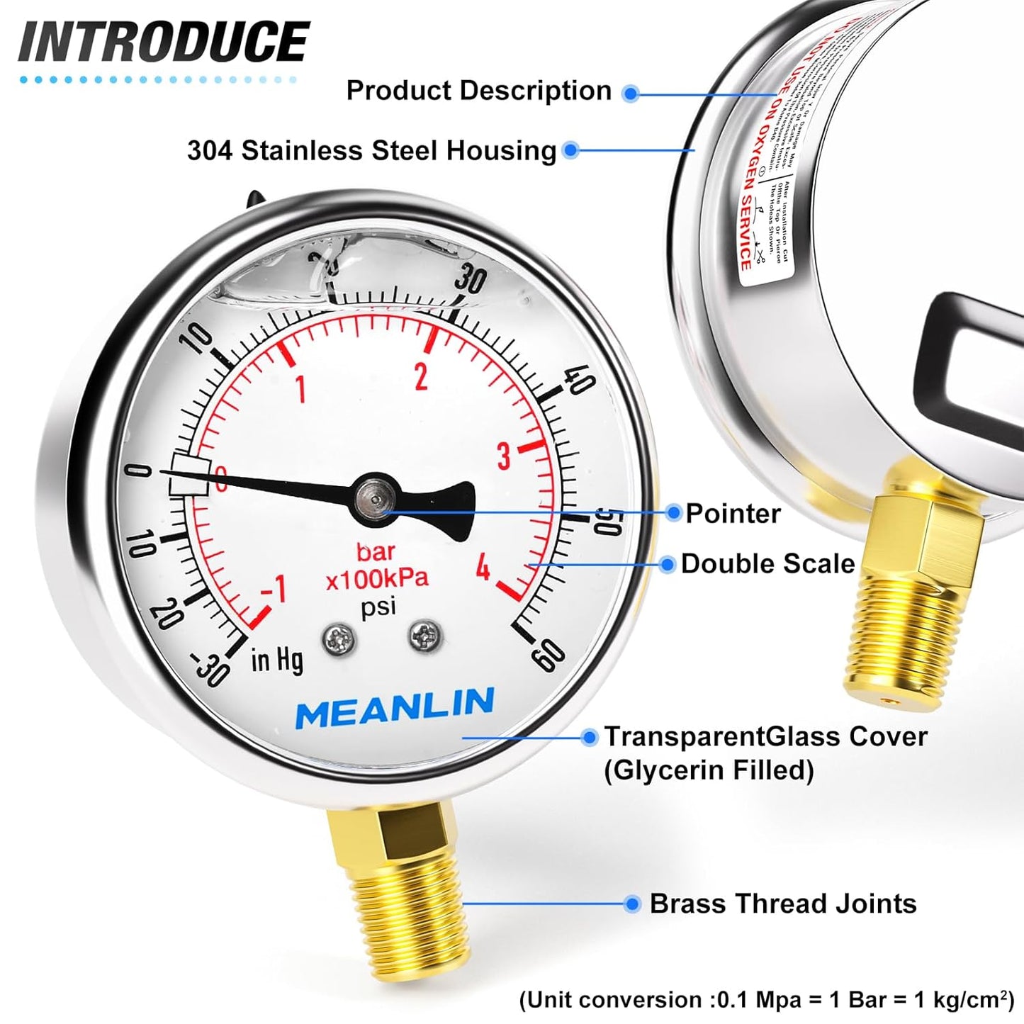 MEANLIN MEASURE -30inHG~60Psi Stainless Steel 1/4" NPT 2.5" FACE DIAL Vacuum Pressure Gauge, Lower Mount, with 1/2" NPT and 3/8" NPT Hex Bushing