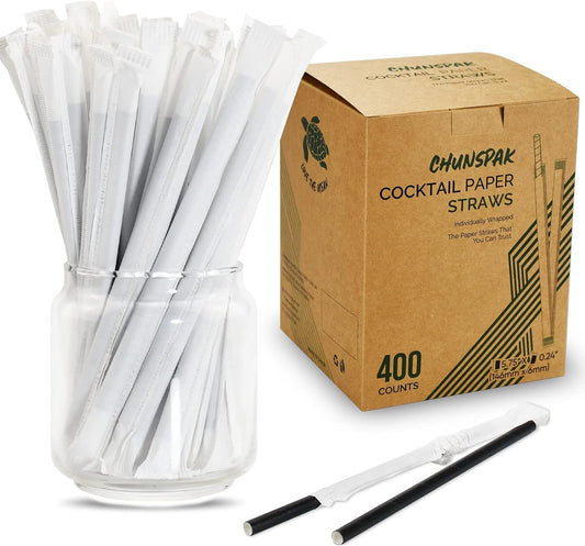 [400 Pack] Chunspak 5.75 inch Disposable Black Paper Cocktail Straws, Paper Bar Stirrers - Individually Wrapped