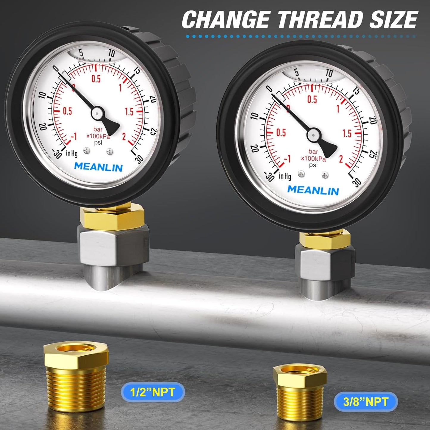 MEANLIN MEASURE -30inHG~30Psi Stainless Steel 1/4" NPT 2.5" FACE DIAL Vacuum Pressure Gauge, Lower Mount (with Rubber Protective Sleeve), with 1/2" NPT and 3/8" NPT Hex Bushing