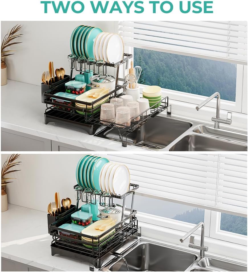2 Tier Dish Drying Rack - Large Extendable Dish Rack, 2-in-1 Anti-Rust Stainless Steel Dishrack for Kitchen Counter and Sink, Dish Strainer with Utensil Holder & Cup Holder(Black)