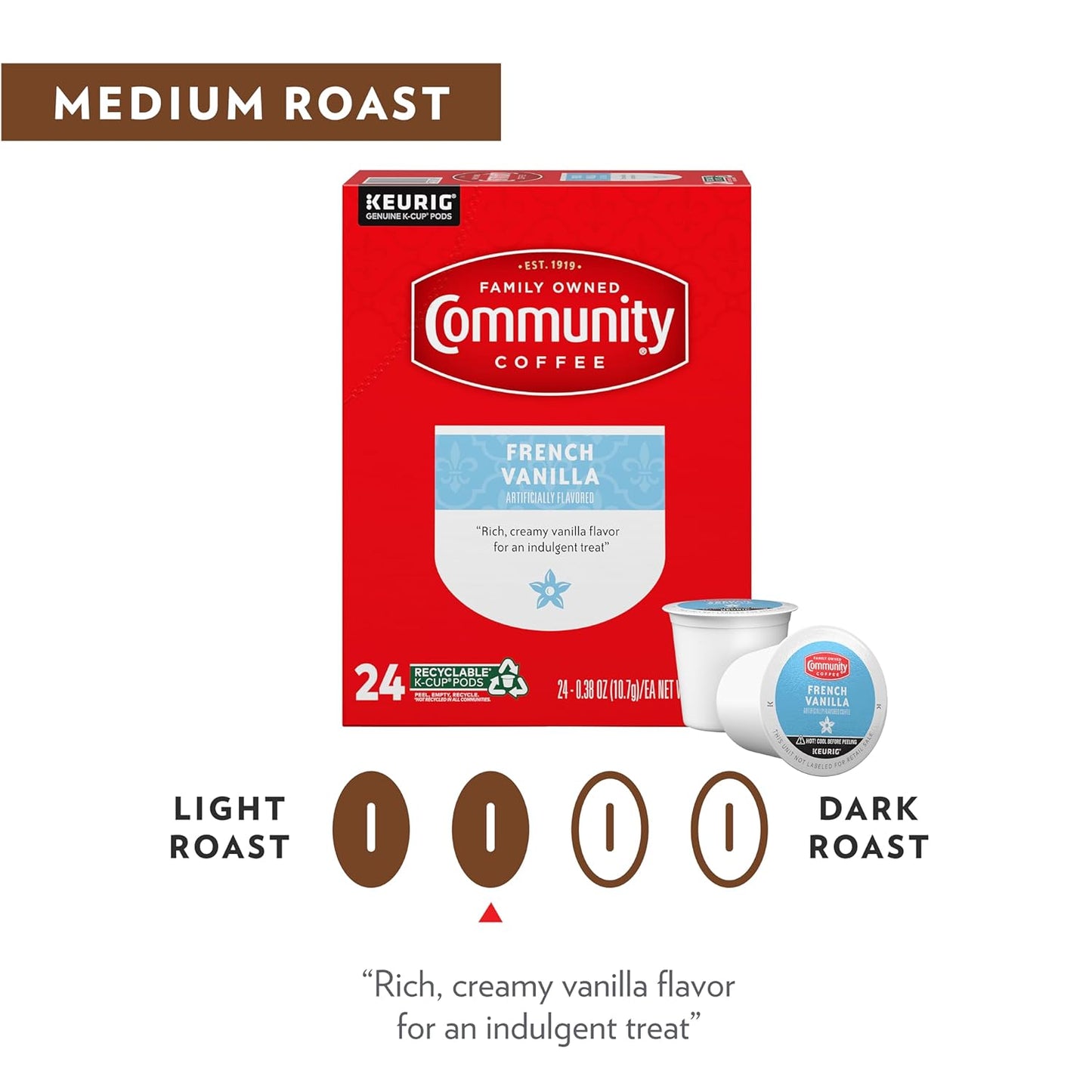 Community Coffee French Vanilla Flavored 96 Count Coffee Pods, Medium Roast, Compatible with Keurig 2.0 K-Cup Brewers, 24 Count (Pack of 4)
