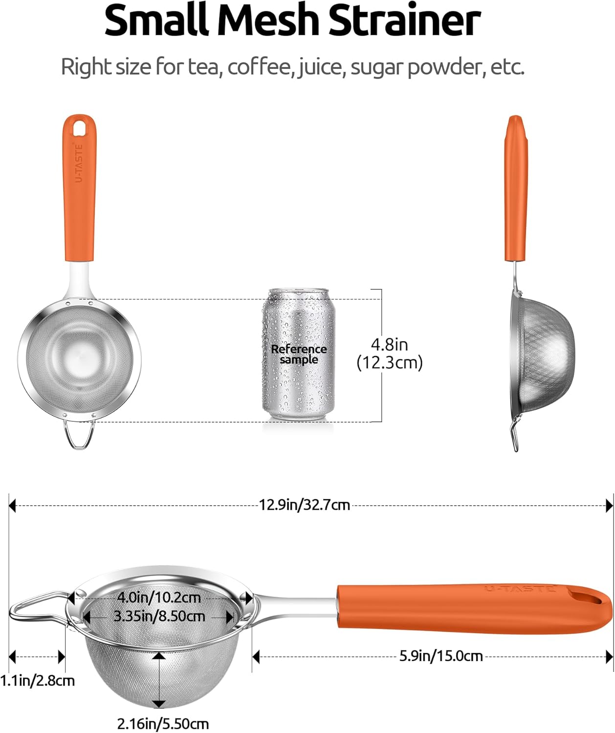 U-Taste Small Fine Mesh Strainer: 18/8 Stainless Steel 3.35in 30 Mesh Kitchen Food Sieve with Sturdy Riveted Silicone Handle, Heavy Duty Deep Handheld Metal Colander for Tea, Juice (Orange)