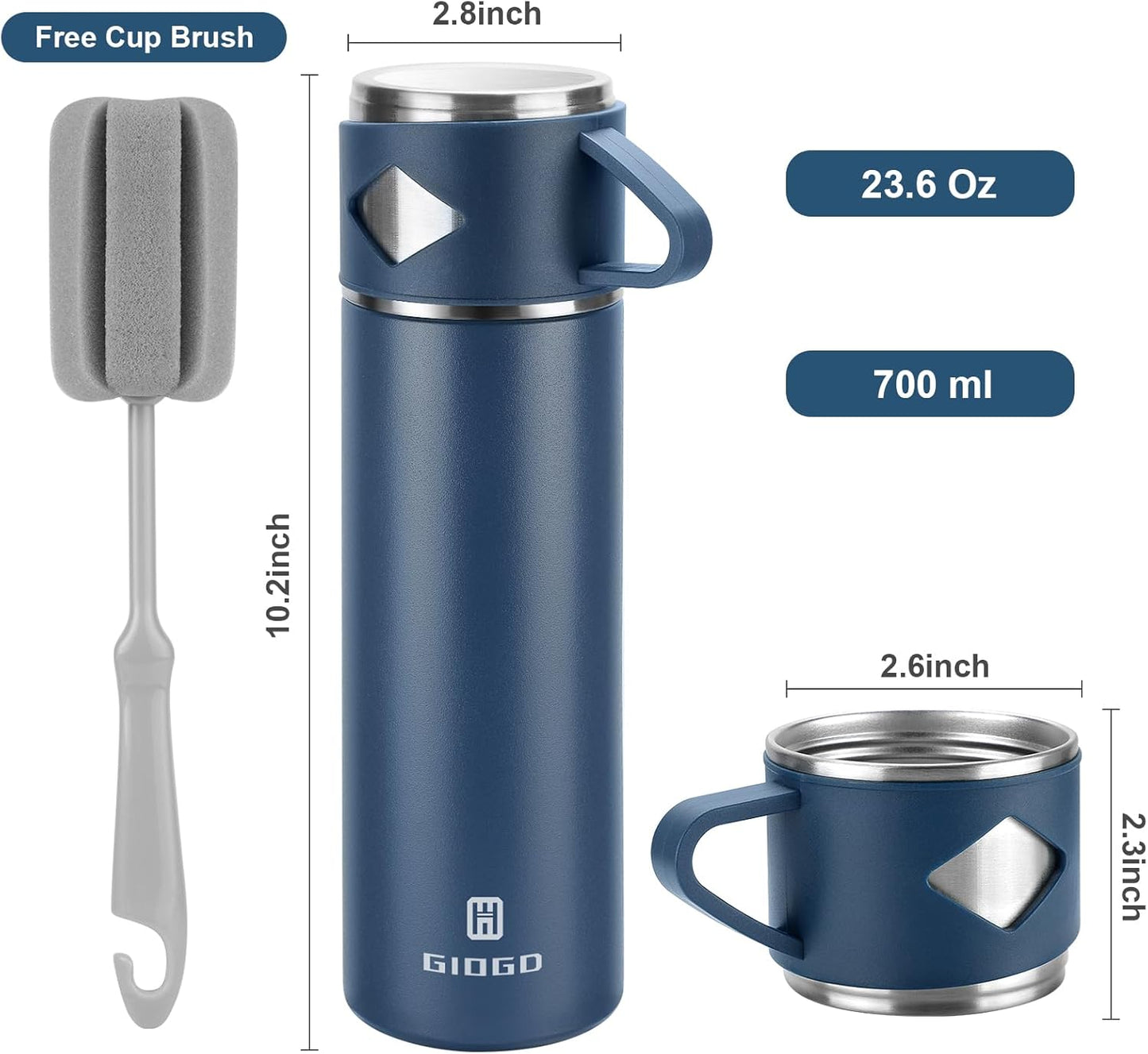 Stainless Steel Thermo 700ml/23.7oz Vacuum Insulated Bottle with Cup for Coffee Hot drink and Cold drink water flask.(Blue,Set)