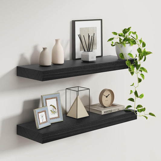 Fun Memories 9 Inch Deep Black Floating Shelves, Farmhouse Rustic Natural Wood Floating Shelf Wall Mounted, 30 x 9 Wall Shelves Set of 2, Deep Black Bathroom Shelves