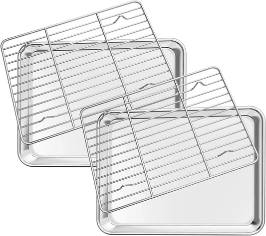 Deedro Baking Sheet with Rack Set [2 Sheets + 2 Racks], Stainless Steel Cookie Half Sheets Baking Pan Oven Tray with Cooling Rack, 9 x 7 x 1 Inch, Heavy Duty, Non-toxic, Easy Clean