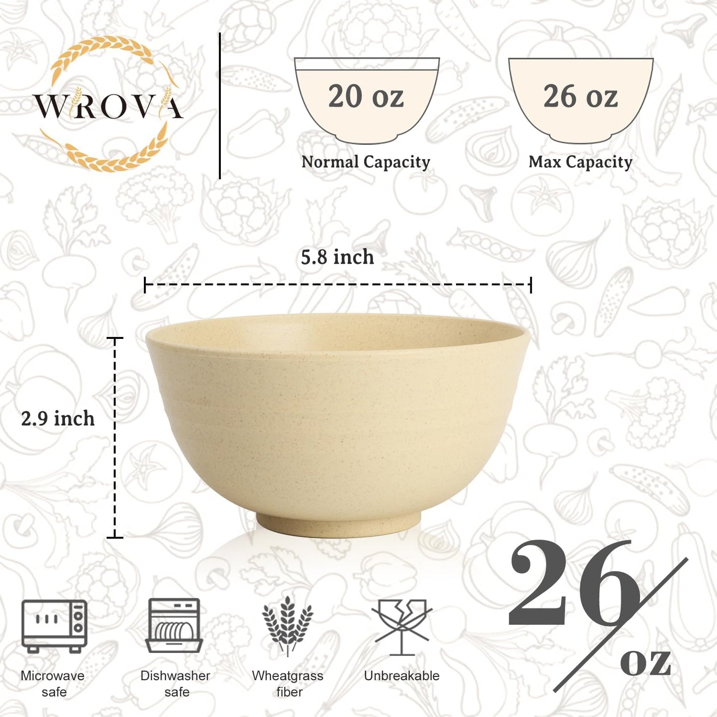 6-piece Wheat Straw Bowls sets 26oz,Alternative Plastic Bowls Reusable for indoors and outdoors,Microwave-able and Dishwasher Safe Bowls Sets Easy to Clean.Beige Series