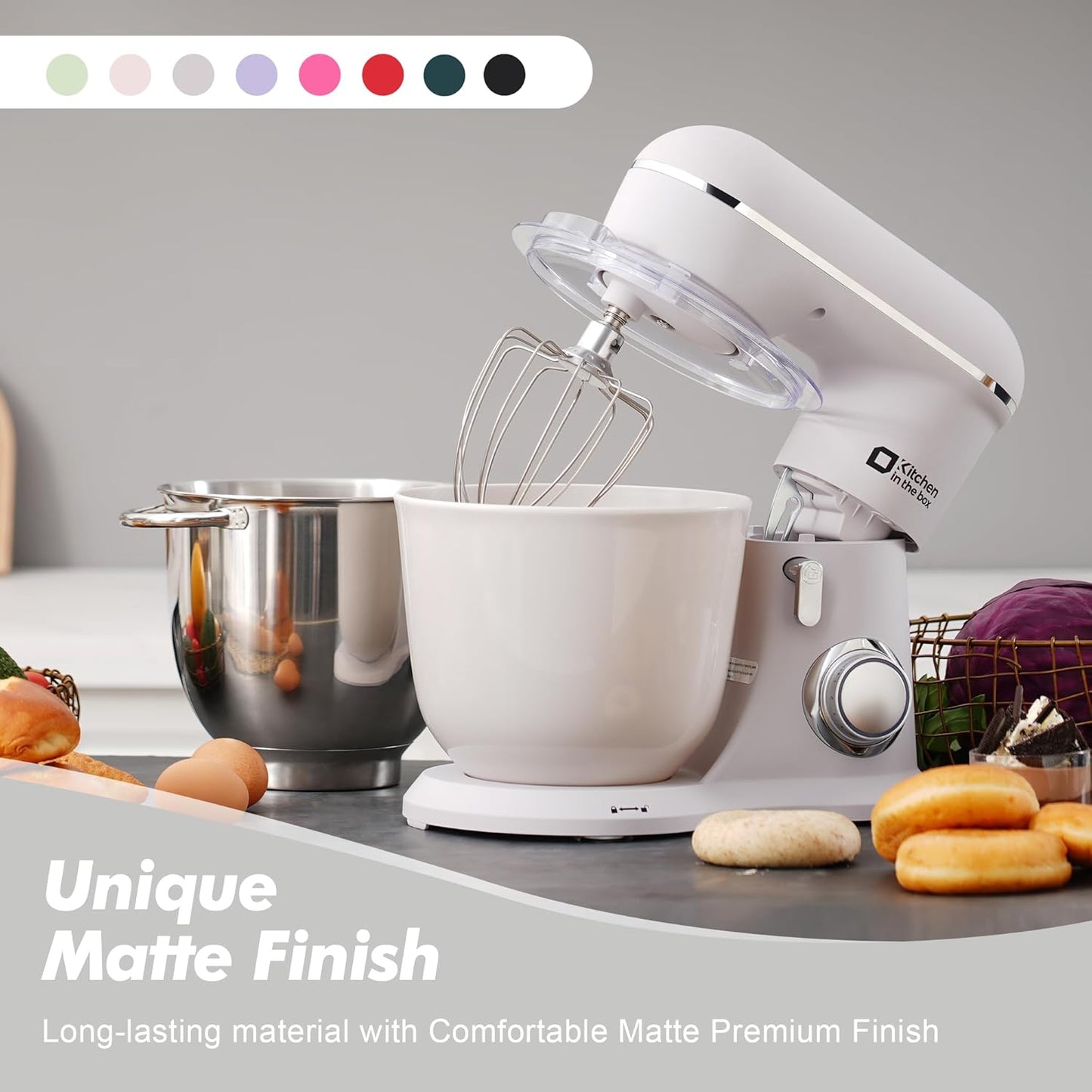 Kitchen in the box Stand Mixer, 5QT+4.5QT Two bowls Electric Food Mixer, 10 Speeds 3-IN-1 Kitchen Mixer for Daily Use with Egg Whisk,Dough Hook,Flat Beater (Frost White, 5QT)