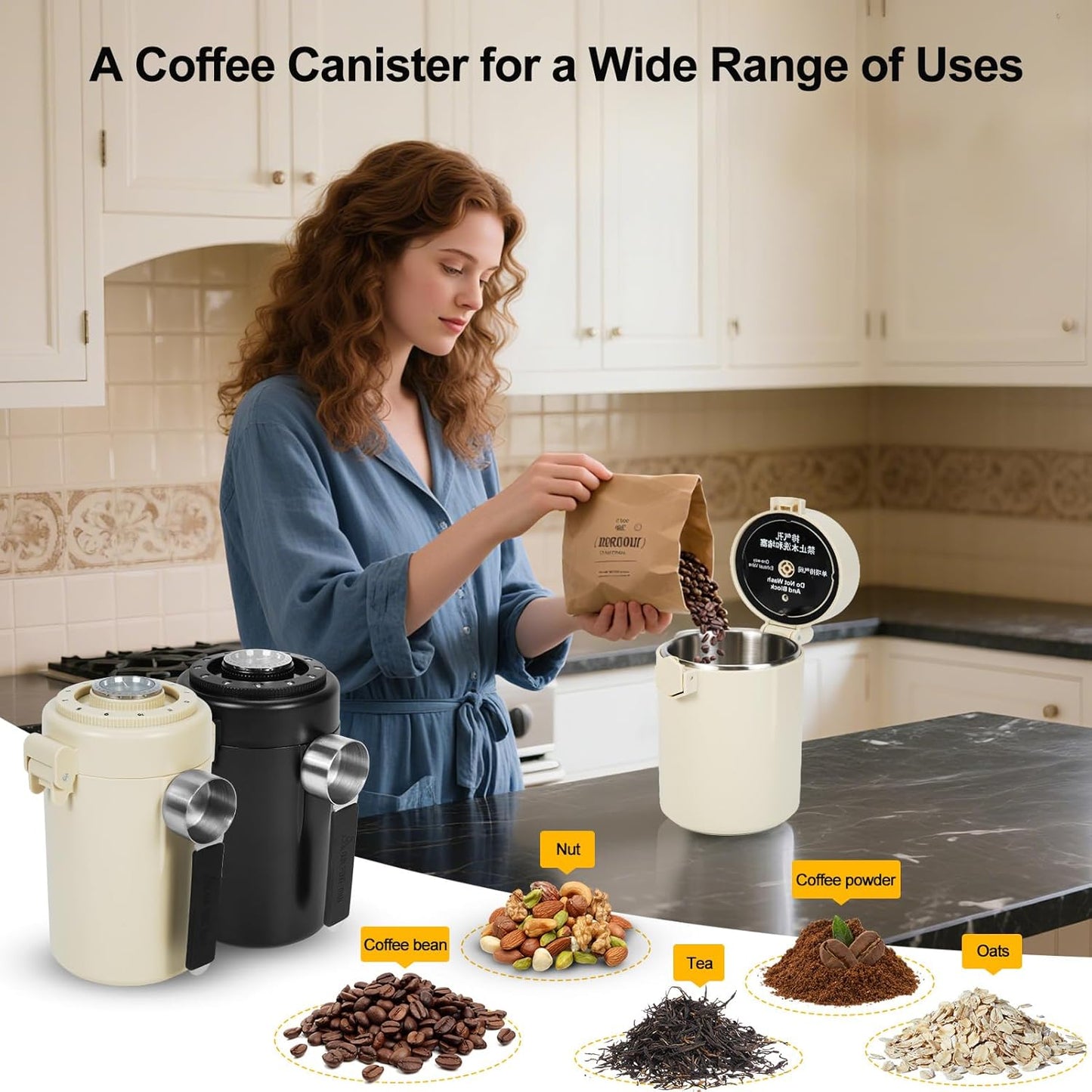 Coffee Canister, Airtight Stainless Steel Kitchen Food Storage Container With Spoon And Date Tracker, For Ground Coffee, Cereal, Bean, Tea,Sugar (white)