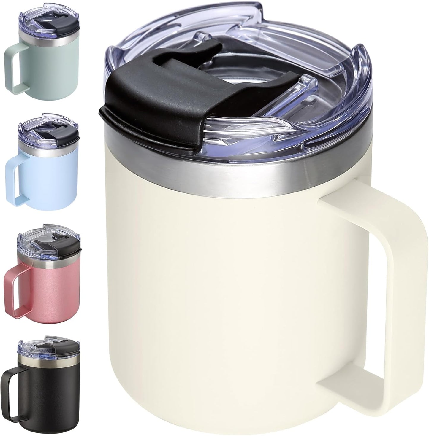 ALOUFEA 12oz Insulated Coffee Mug Cup with Handle, Stainless Steel Travel Coffee Mug with Flip Lid, Double Wall Vacuum Coffee Tumbler, Cream