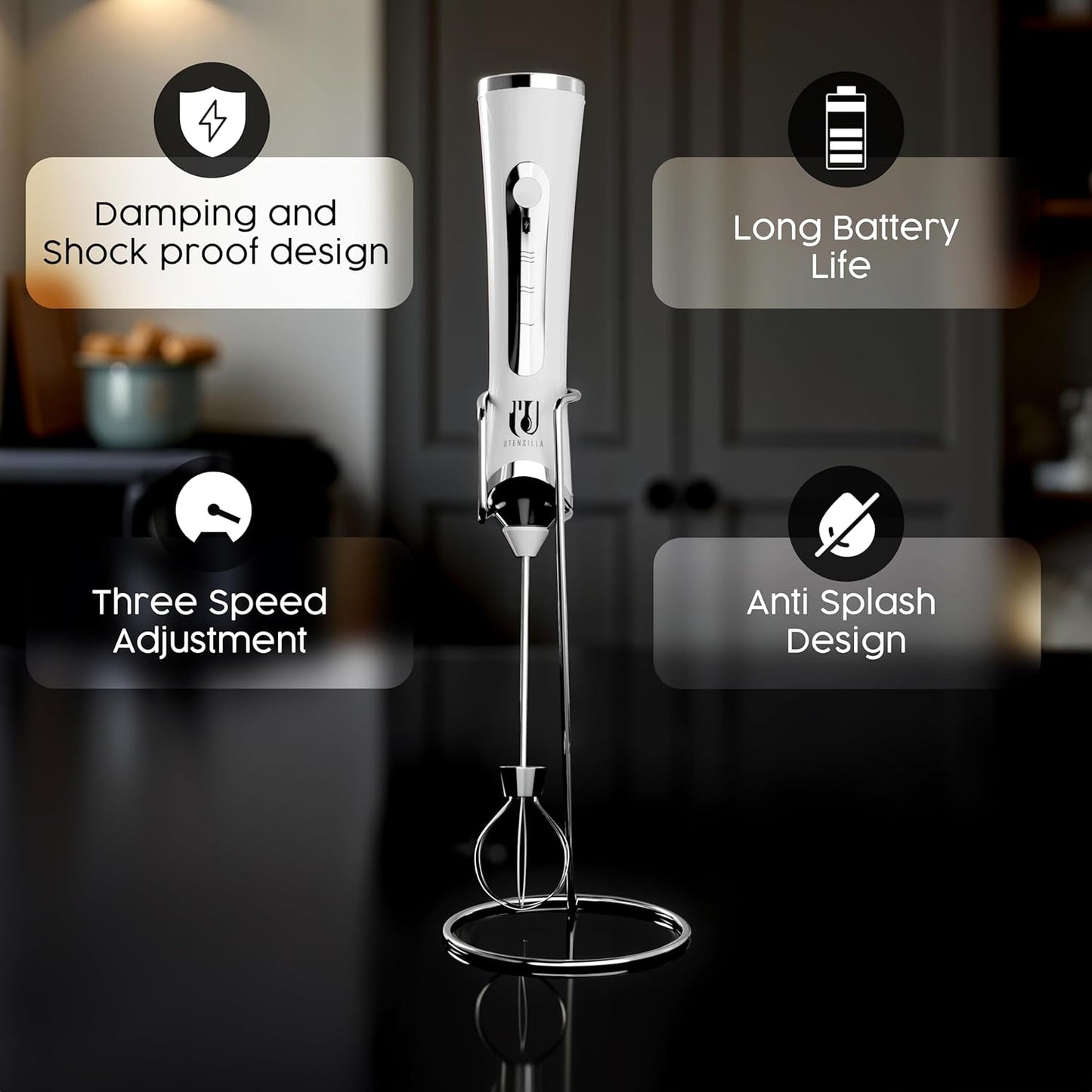 Rechargeable Handheld Milk Frother - Electric Foam Maker - Portable Coffee Frother Wand with 2 Heads - Stainless Steel Electric Whisk for Coffee, Latte, Cappuccino, Macchiato, Hot Chocolate (White)