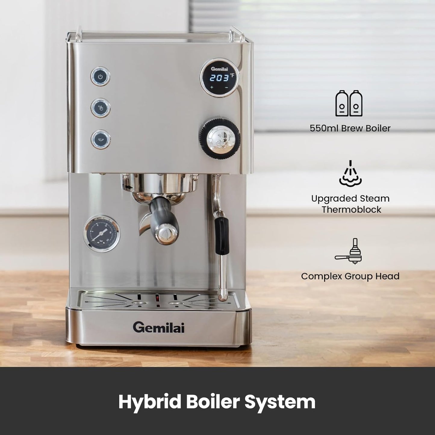 Espresso Machine, 15 Bar Coffee Maker with 1450W Boiler, Milk Frother Steam Wand, Professional Espresso Maker with 57oz Removable Water Tank for Latte, G3007L, Brushed Stainless Steel