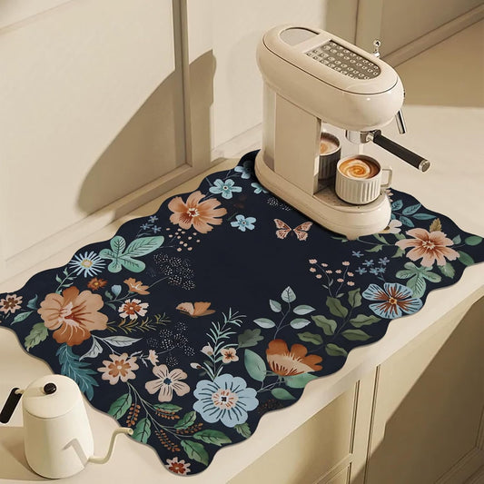 Scalloped Bohemian Coffee Bar Mat Dish Drying Mats for Kitchen Counter, Kitchen Decor,(16"x24", Black)