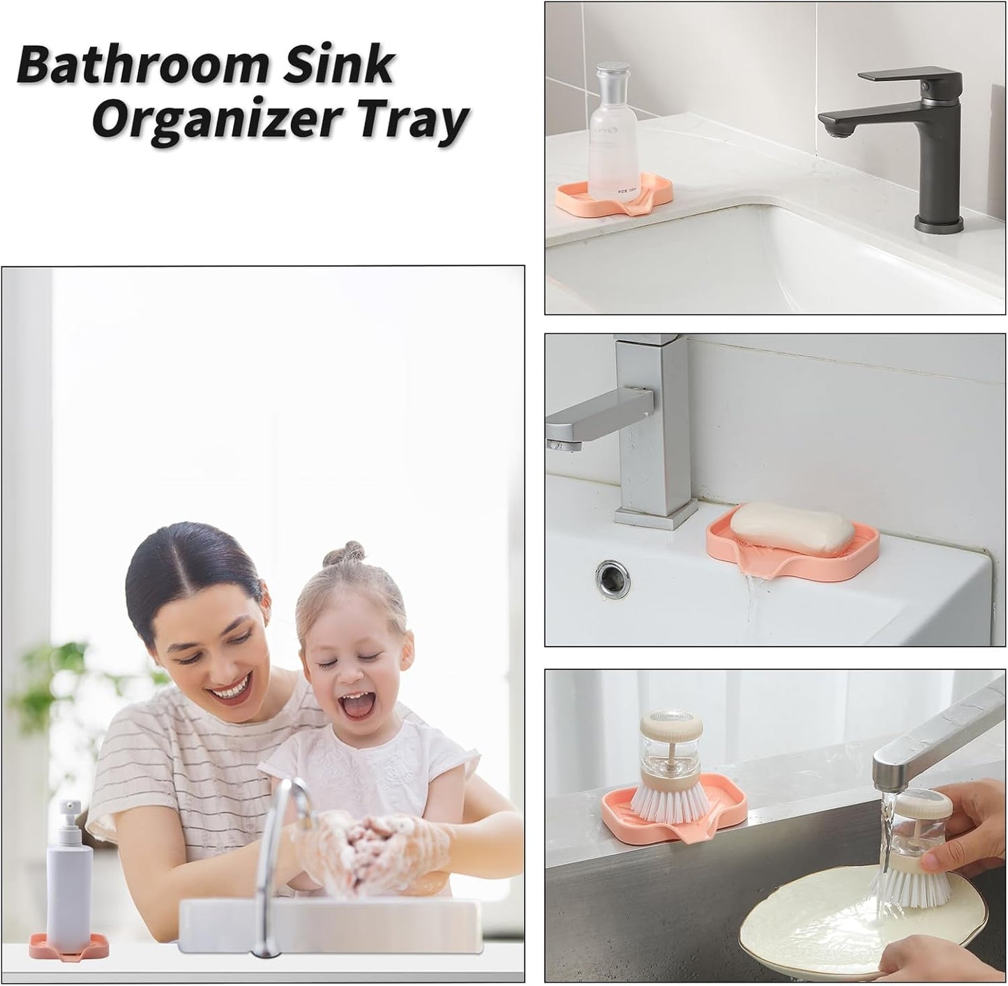 Silicone Bathroom Soap Dishes with Drain Spout-Bathroom and Kitchen Sink Organizer,Sponge Holder,Dish Soap Tray,Perfect for Dispenser,Scrubber,Bottle,Cup on Sink or Counter-Pink 4.9"×3.2"
