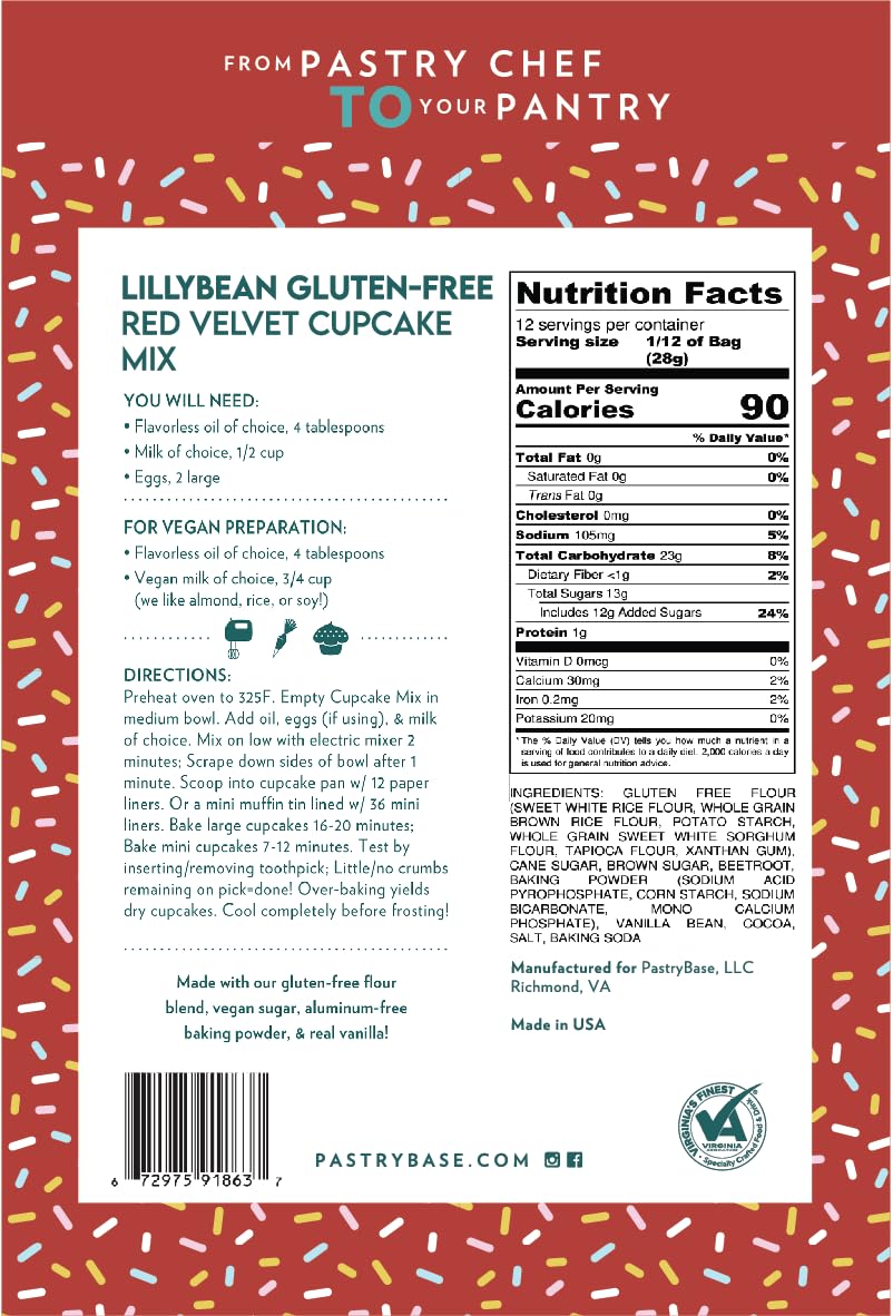 LillyBean Gluten Free Moist Red Velvet Cake and Cupcake Mix with No Artificial Colors - Dairy and Soy Free, Vegan - Makes Delicious Desserts - Cakes, Donuts, Cake Pops - 12 oz