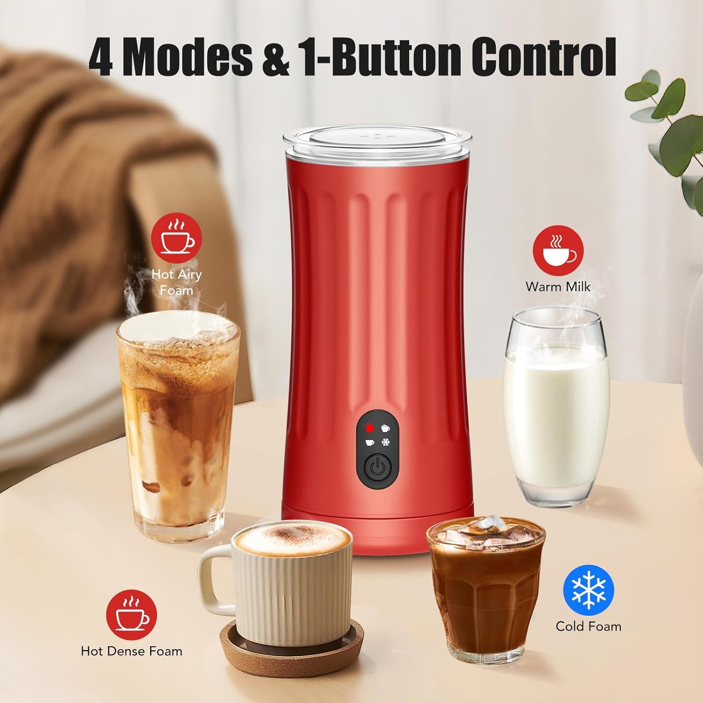 Milk Frother, Upgraded 4-in-1 Milk Frother and Steamer, Hot and Cold Foam Maker and Milk Warmer with Temperature Control & Auto Shut-Off, Frother for Coffee, Latte, Cappuccino, Matcha(Red)