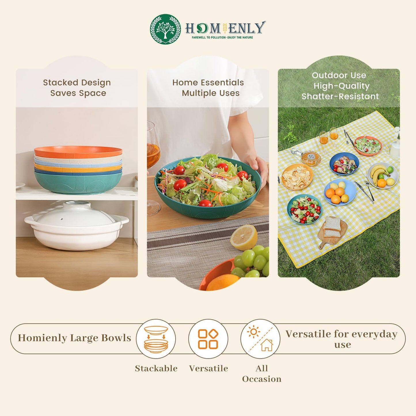 Homienly Wheat Straw Plates - 10 Inch Large Salad Bowls, Set of 6, Wide & Shallow, Microwave & Dishwasher Safe - Multi Color