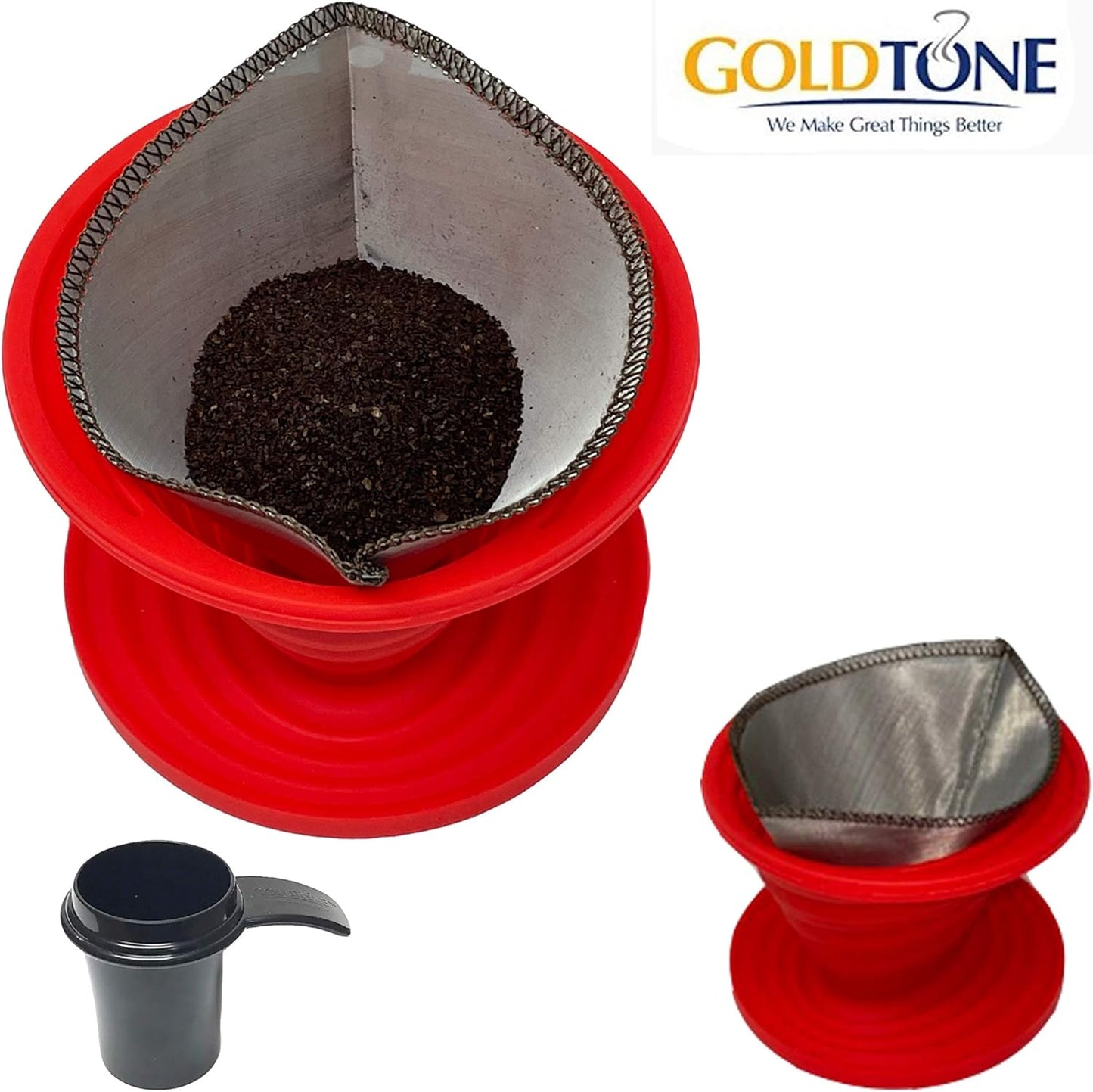 GOLDTONE Collapsible Silicone Portable Reusable Coffee Dripper w/Carry Clip & Scoop (Collapsible Pour Over, Frameless Filter & Scoop)