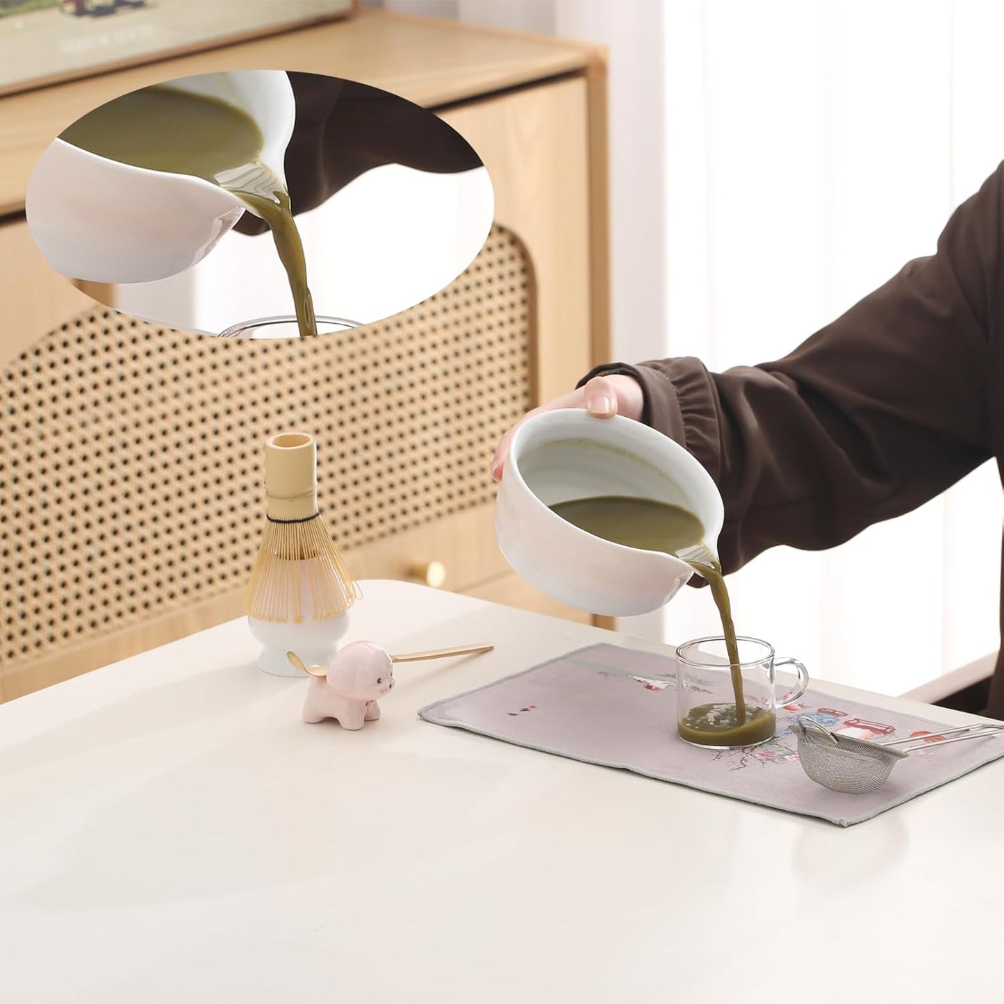 Matcha Whisk Set, Ceramic Matcha Set, 15.5 oz Matcha Bowl with Spout and Whisk, Perfect for Matcha Lovers, Ideal Gift for Christmas, Birthday(pink)