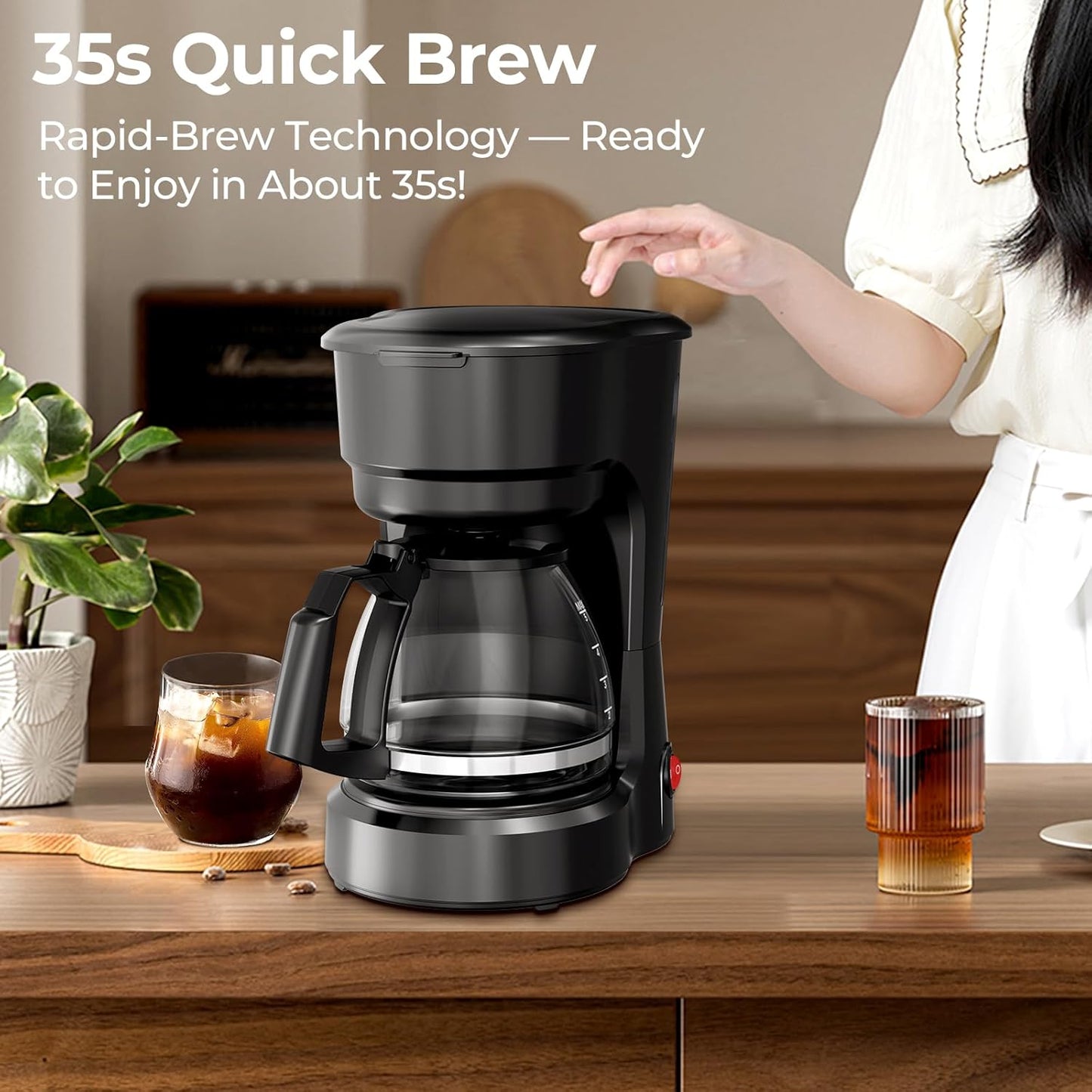 5-Cup Drip Coffee Maker, Compact Coffee Machine with Food-grade Glass Carafe, Always Keep Warm with Manual Switch, Delay Brew, 25oz Water Reservoir, Ideal for Home/Office/Travel/Outdoor - Black