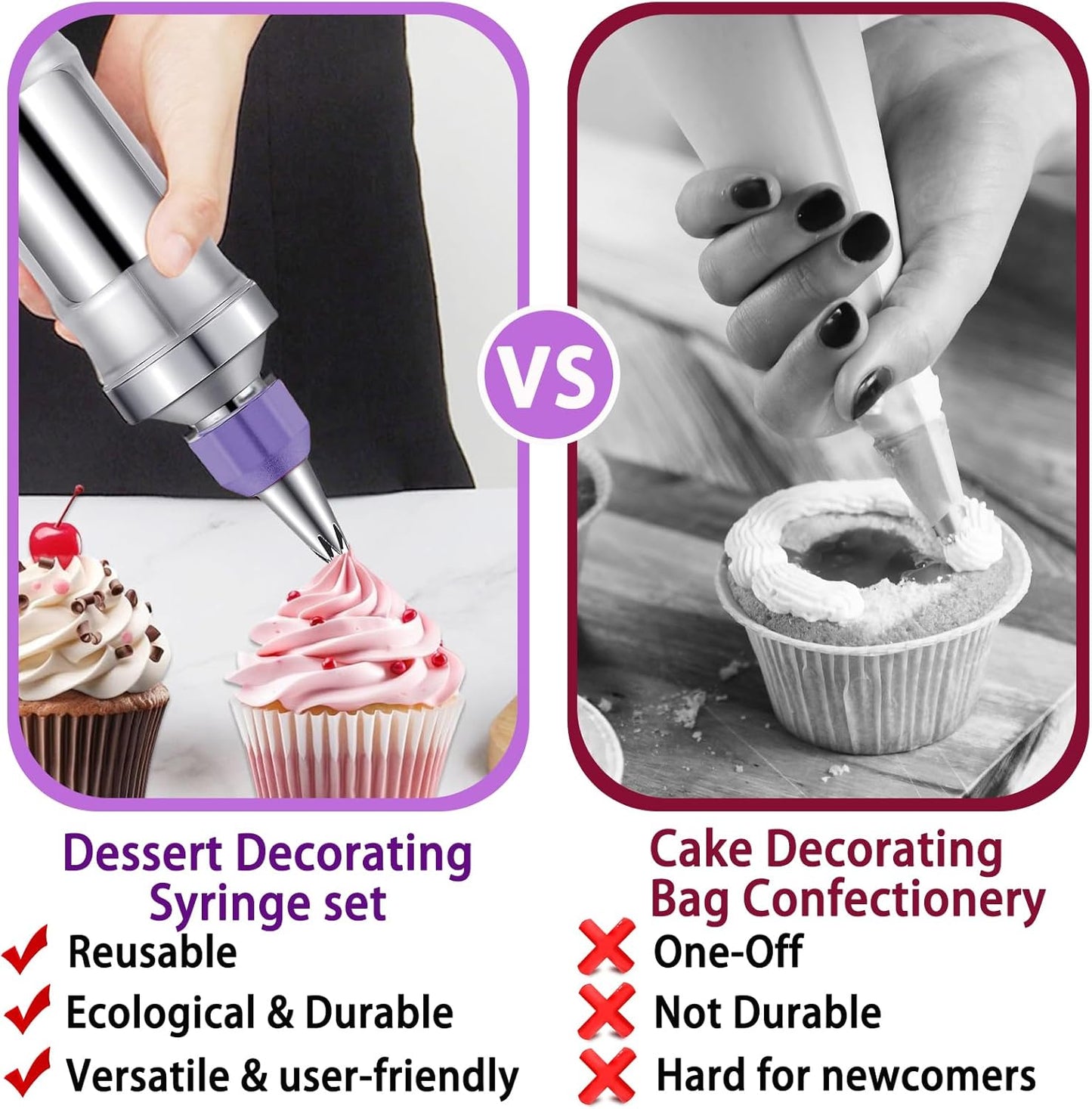 Novano Dessert Decorating Syringe Set, Frosting Piping Kit Stainless Steels Cake Decorating Kit with 6 Piping Tips & 9 silicone cupcakes, Cupcake Decorating Kit Piping Bags and Tips Set