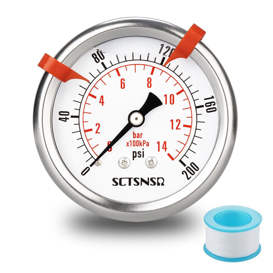 0 to 200 Psi Pressure Gauge, Glycerin Liquid Filled, 2.5 inch Dial, 1/4" NPT Back Mount, Stainless Steel Case, for Air Compressor, Shock, Water System, Well Pump, Tank, Pipe, Pressure Test